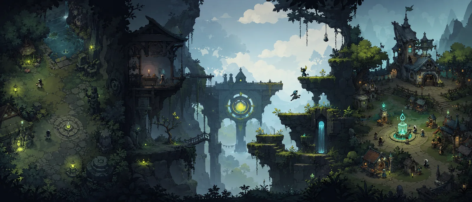 Artistic representation of example 2D game worlds — forest ruins transitioning into a mountain village